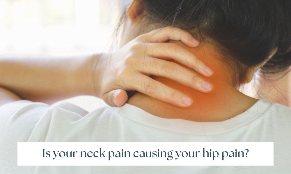 Into Balance Therapies blog post - Is your neck causing your hip pain? - image of lady with dark hair worn up, holding her neck which is red