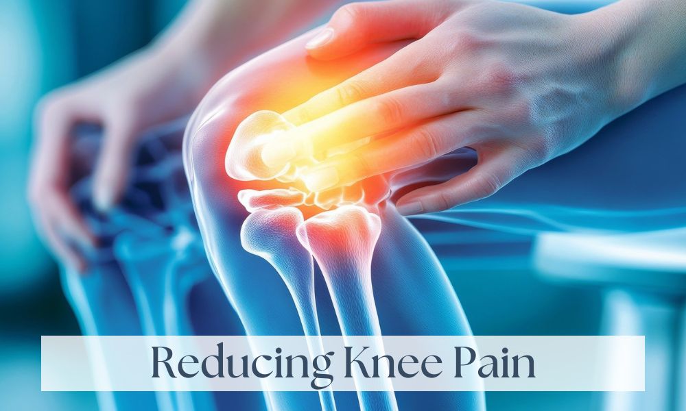 Into Balance Therapies - blog post Reducing Knee Pain - Image of bone structure of knee with red and yellow signifying pain around knee area